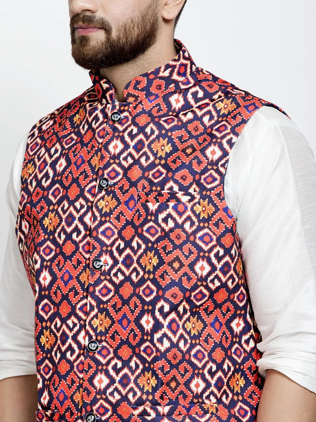 Men's Silk Blend White Kurta With Pyjama & Navy Blue Printed Nehru Jacket - Benstoke