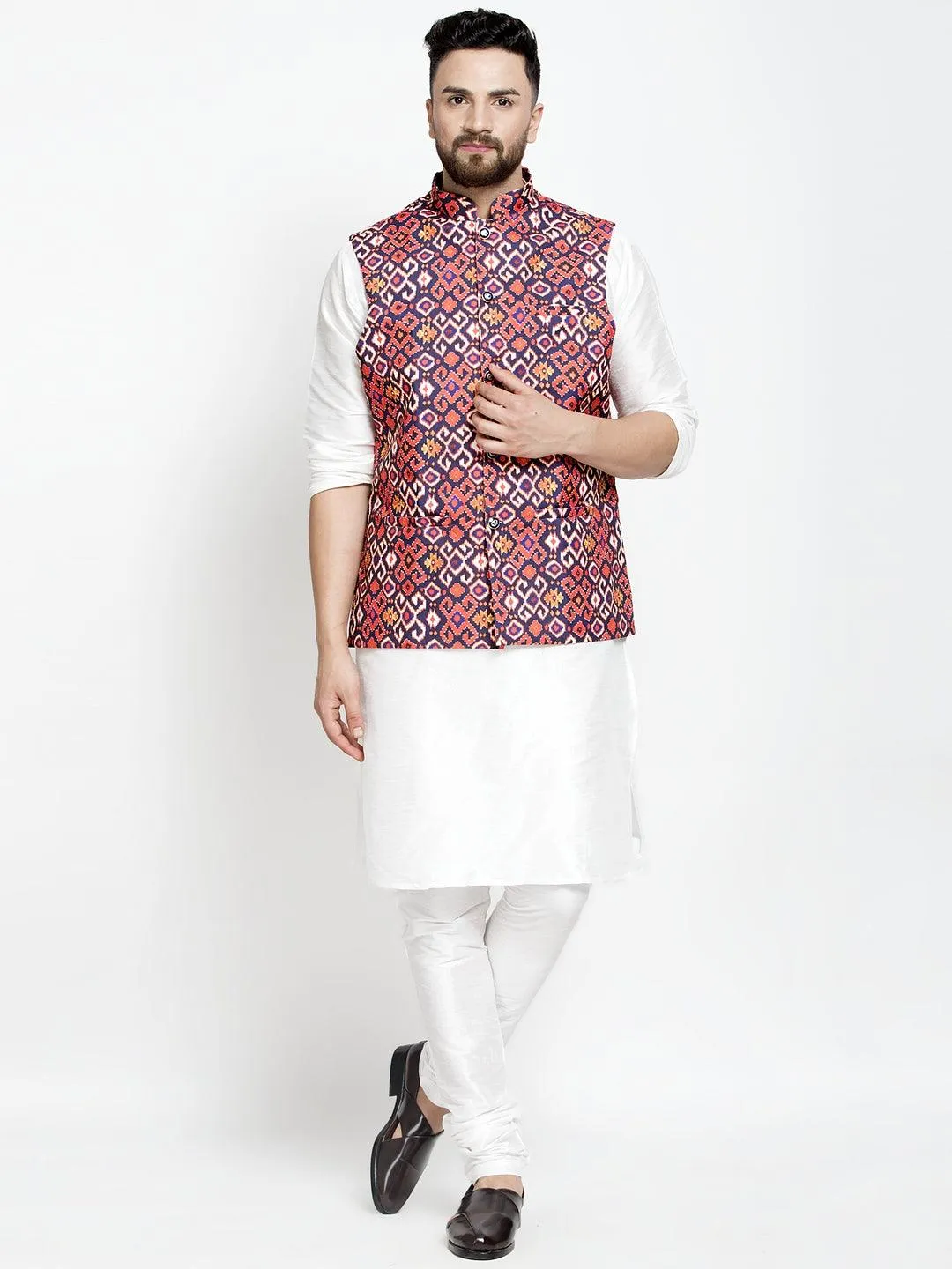 Men's Silk Blend White Kurta With Pyjama & Navy Blue Printed Nehru Jacket - Benstoke