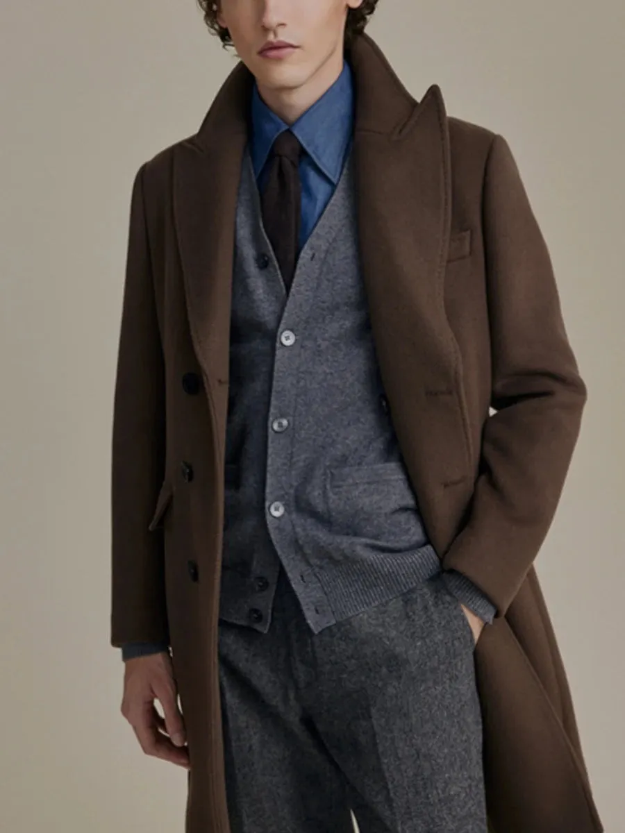 Men's Ulster Woolen Coat Double-breasted Peak Lapel Overcoat