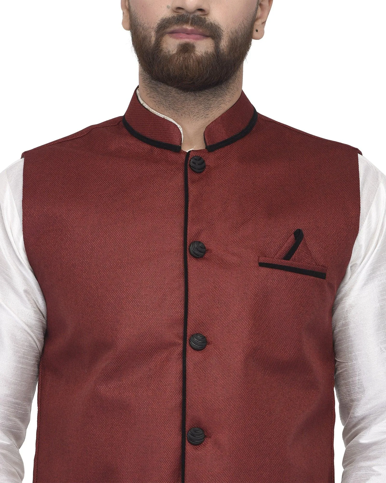 Men's White Kurta With Dhoti & Maroon Solid Nehru Jacket - Benstoke