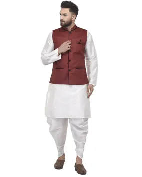 Men's White Kurta With Dhoti & Maroon Solid Nehru Jacket - Benstoke