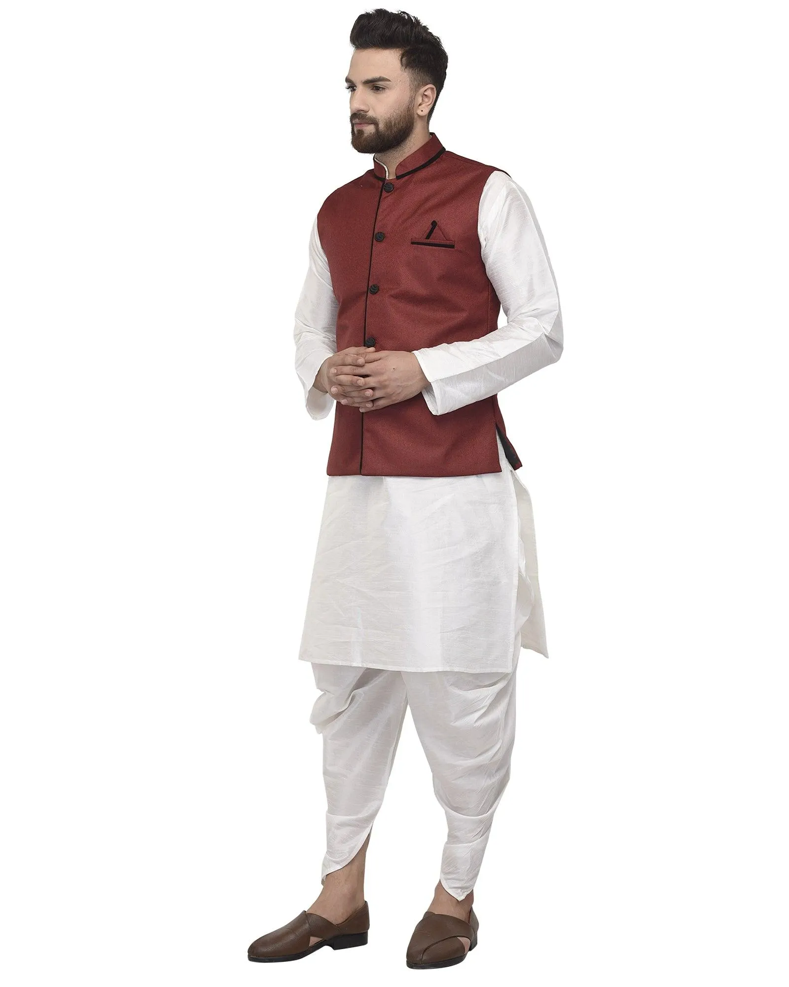 Men's White Kurta With Dhoti & Maroon Solid Nehru Jacket - Benstoke