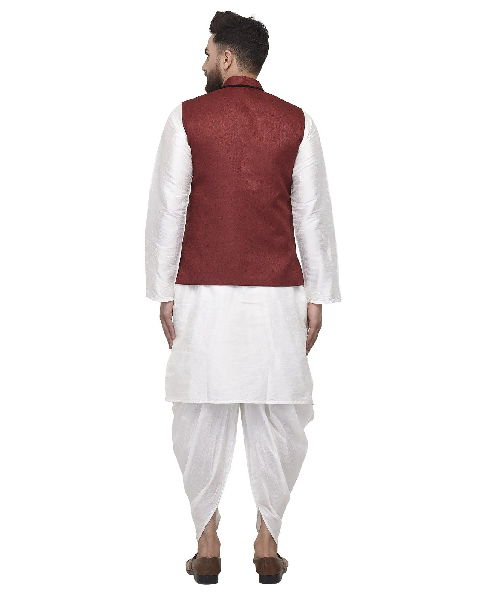 Men's White Kurta With Dhoti & Maroon Solid Nehru Jacket - Benstoke