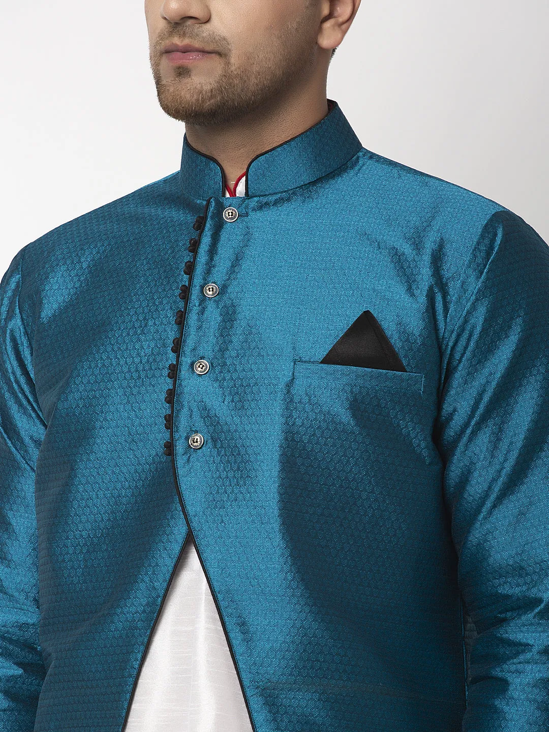 Men's White Kurta With Pyjama & Peacock Blue Self Design Jacket - Benstoke