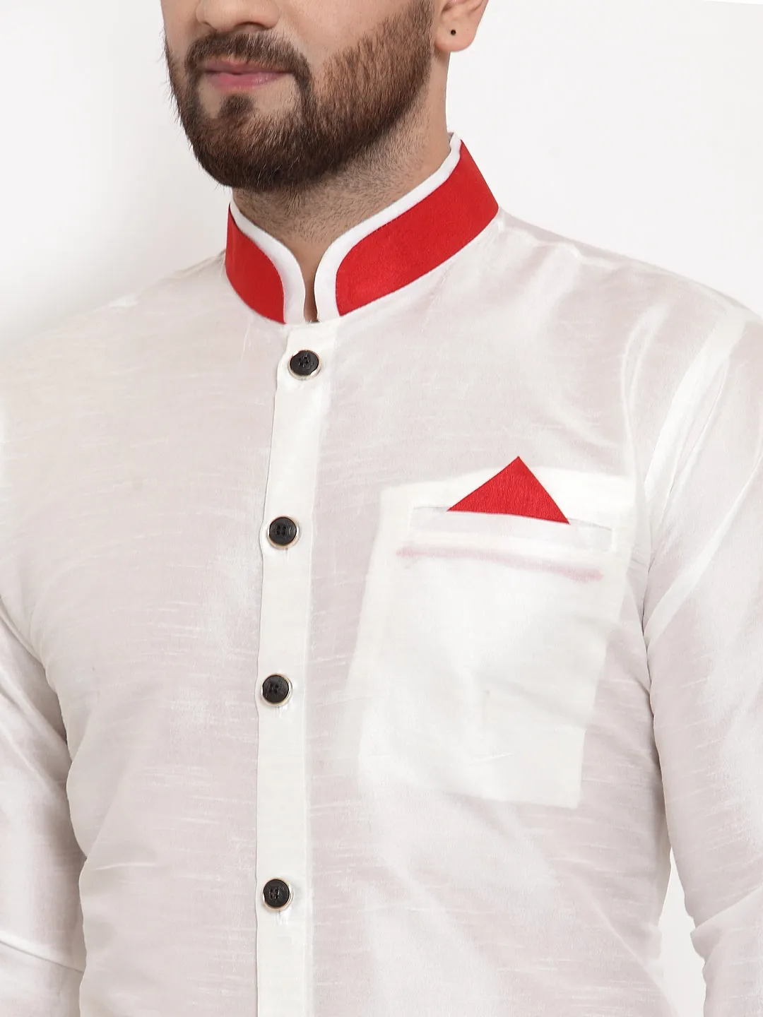 Men's White Solid Kurta With Red Churidaar Pyjama Set - Benstoke