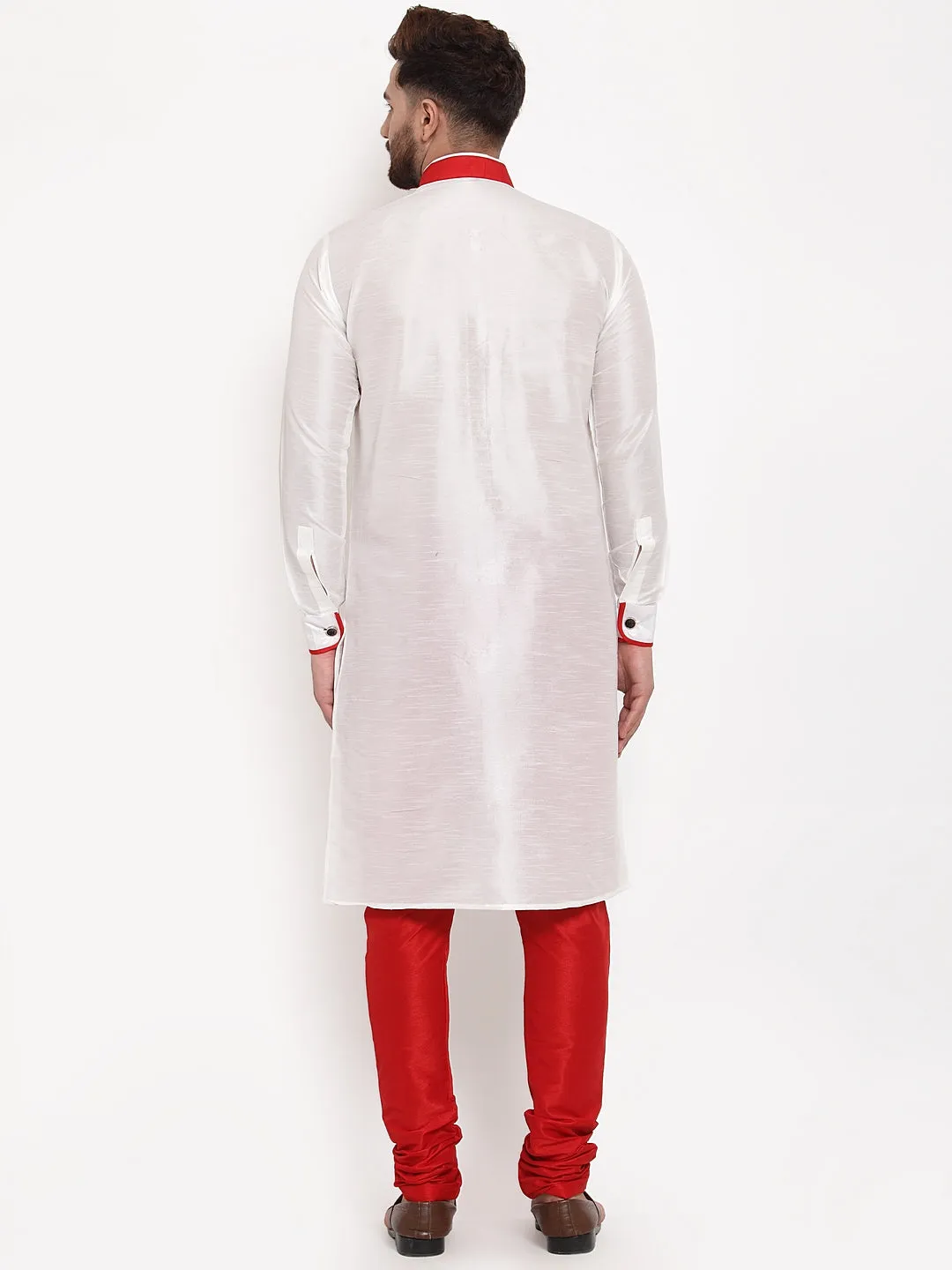 Men's White Solid Kurta With Red Churidaar Pyjama Set - Benstoke