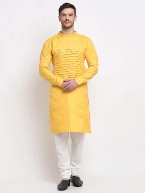 Men's Yellow Pintuck Design Kurta With White Churidaar Pyjama - Benstoke