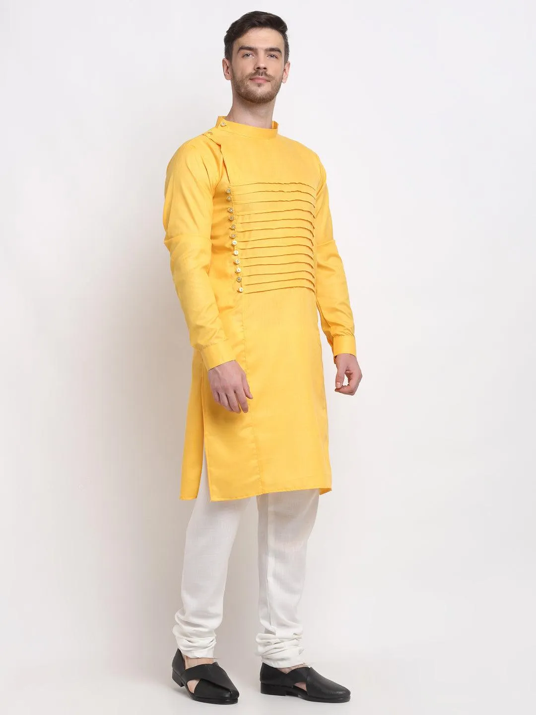 Men's Yellow Pintuck Design Kurta With White Churidaar Pyjama - Benstoke