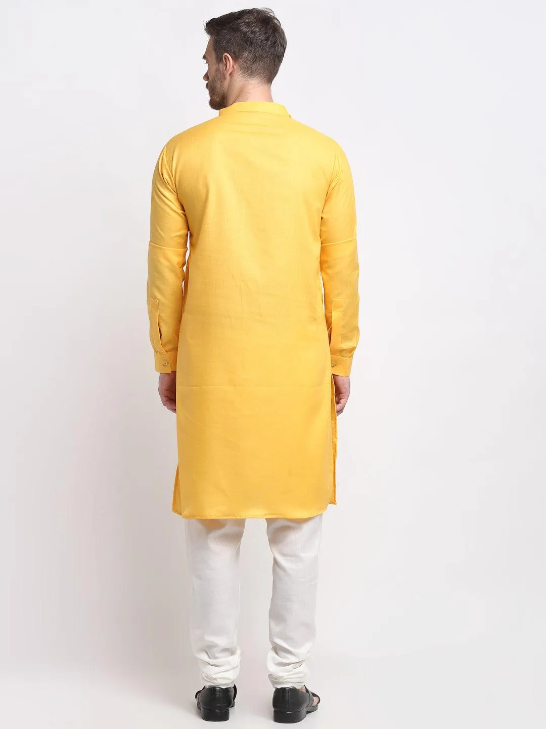 Men's Yellow Pintuck Design Kurta With White Churidaar Pyjama - Benstoke