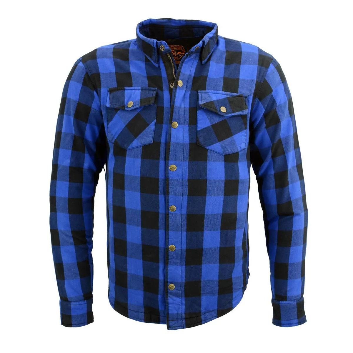 Milwaukee Leather Men's Plaid Flannel Blue Biker Shirt with CE Approved Armor Reinforced w/Aramid Fiber MPM1634