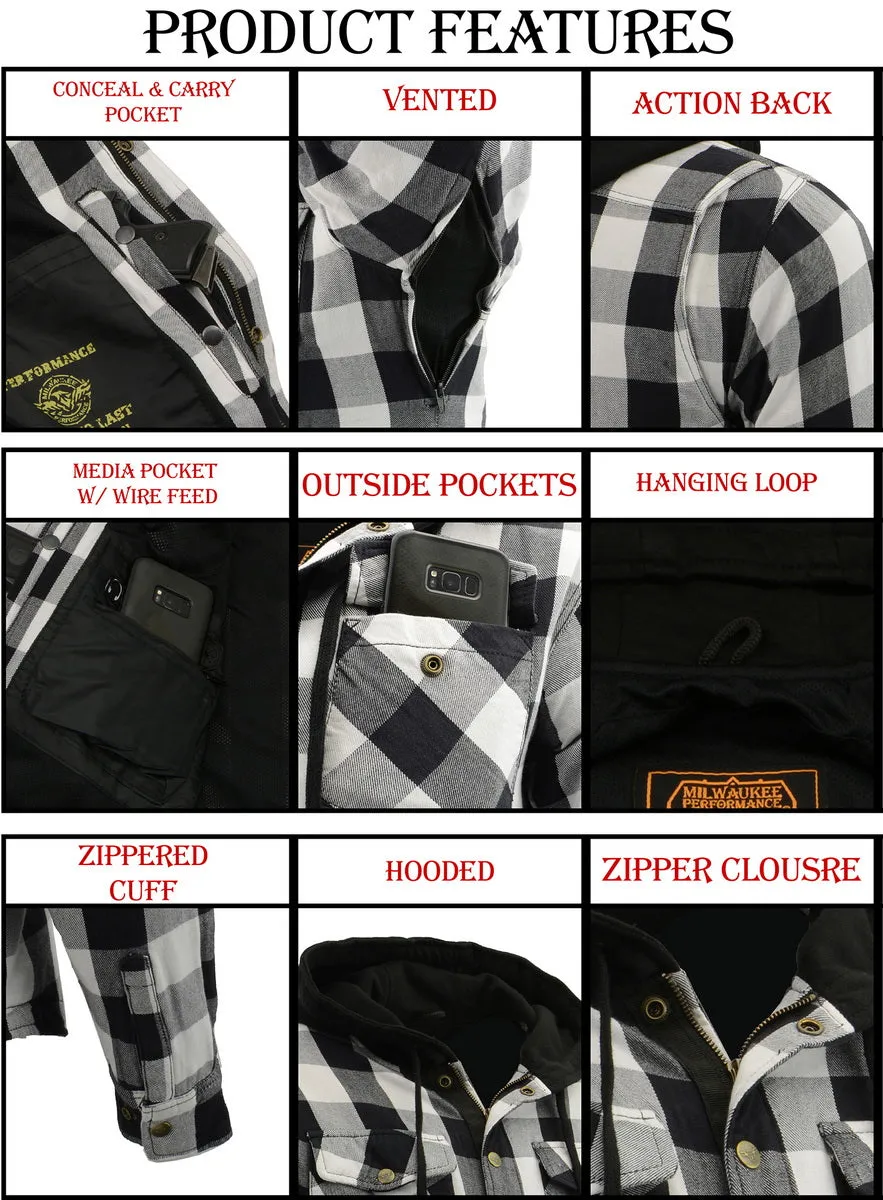 Milwaukee Leather MPM1629 Men's Plaid Hooded Flannel Biker Shirt with CE Approved Armor - Reinforced w/ Aramid Fibers