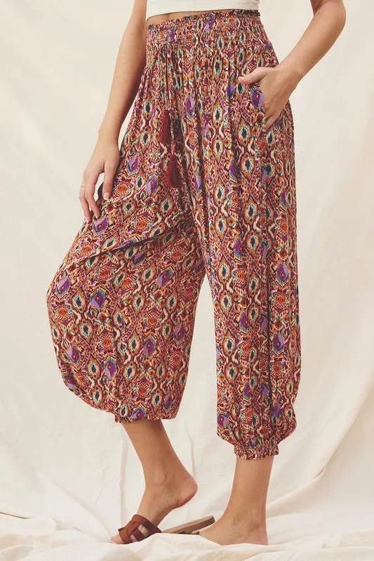 Mirage Print Smocked Waist Slouchy Pants