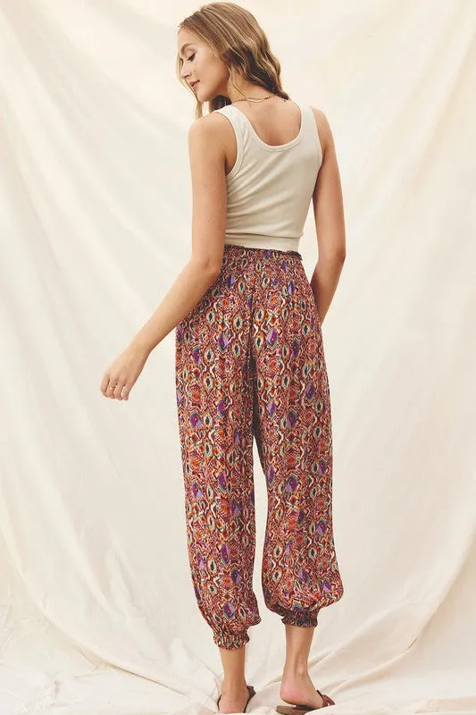 Mirage Print Smocked Waist Slouchy Pants