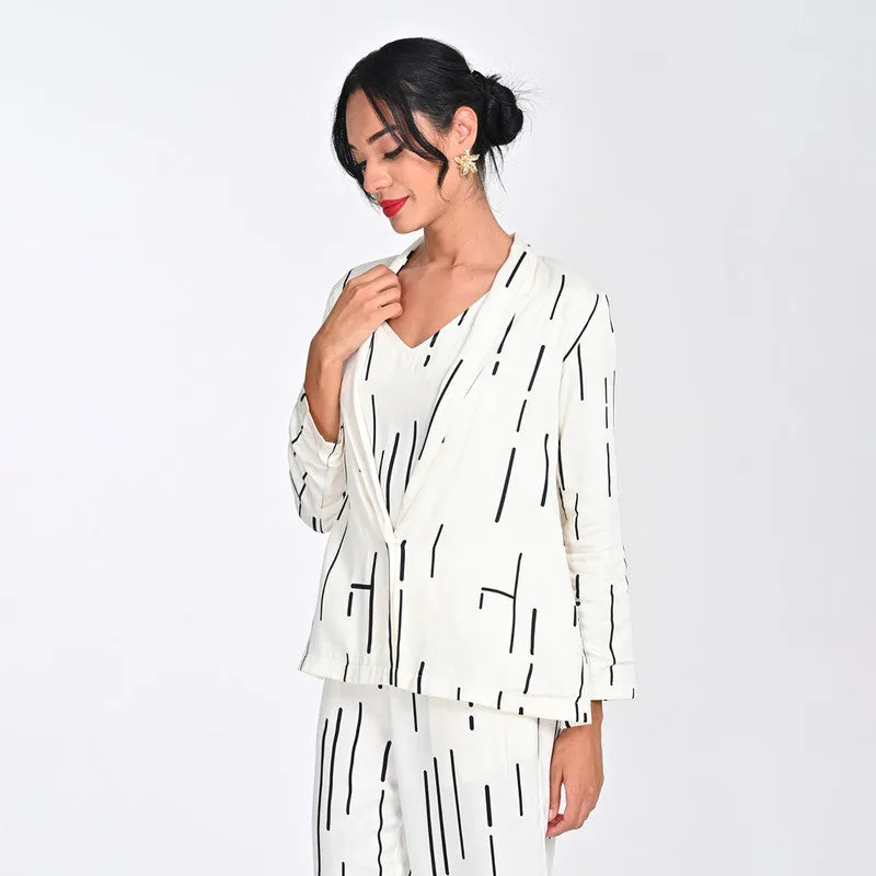 Modal Printed Blazer For Women | Shawl Collar | Single Button | Off White