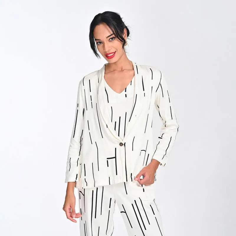 Modal Printed Blazer For Women | Shawl Collar | Single Button | Off White