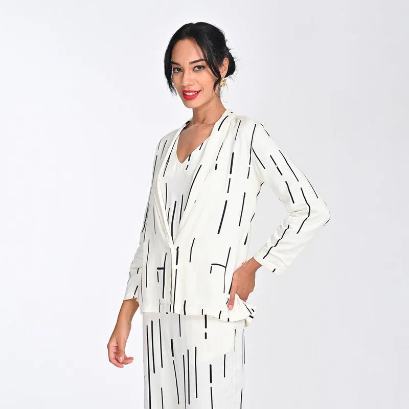 Modal Printed Blazer For Women | Shawl Collar | Single Button | Off White