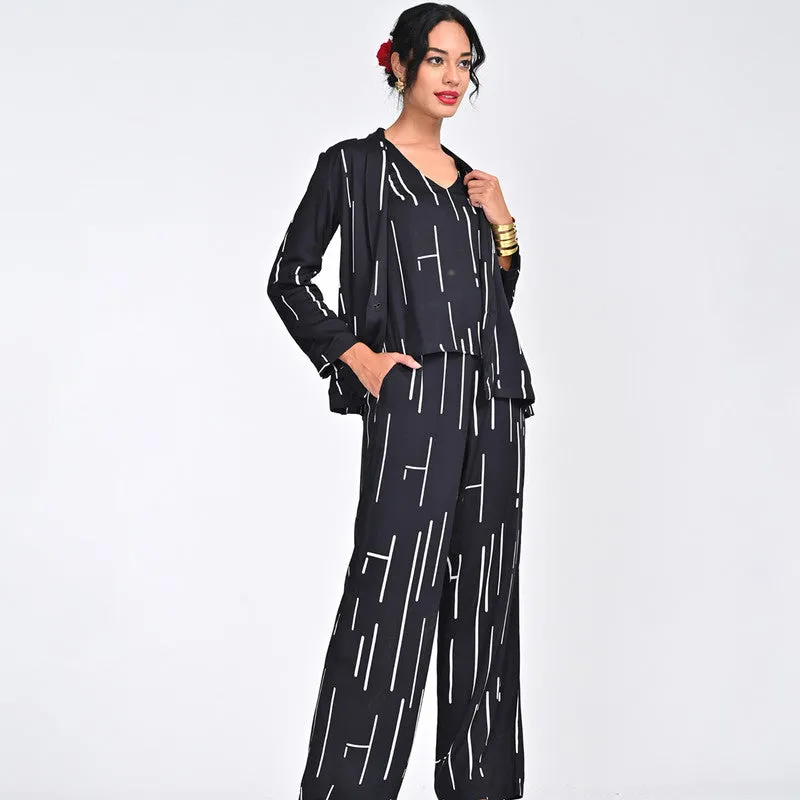 Modal Printed Co Ord Set For Women | Blazer, Top & Pant | Shawl Collar | Black