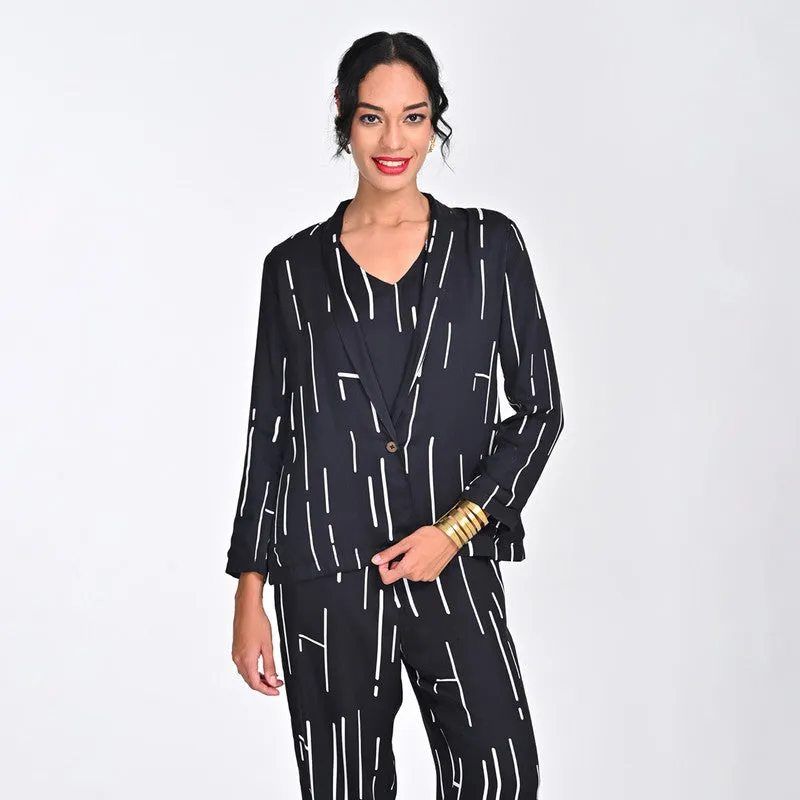 Modal Printed Co Ord Set For Women | Blazer, Top & Pant | Shawl Collar | Black