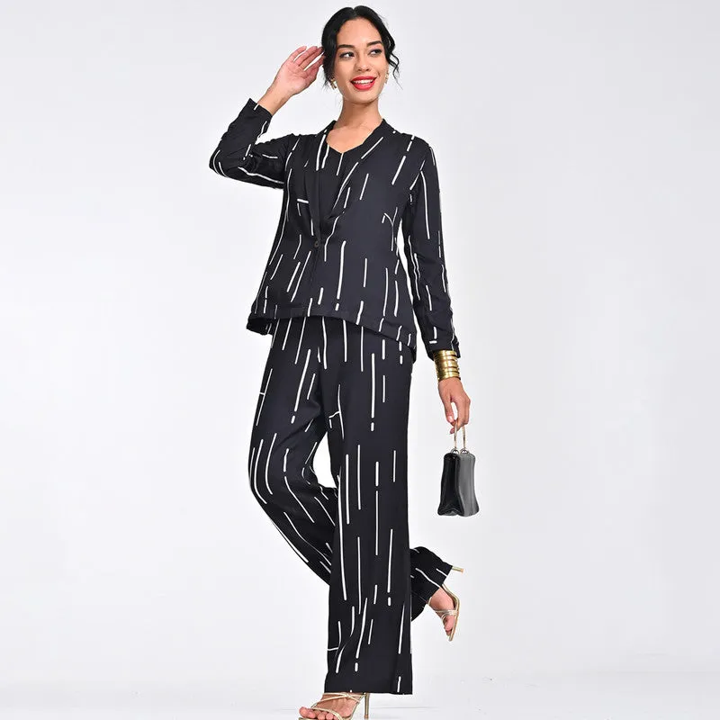 Modal Printed Co Ord Set For Women | Blazer, Top & Pant | Shawl Collar | Black