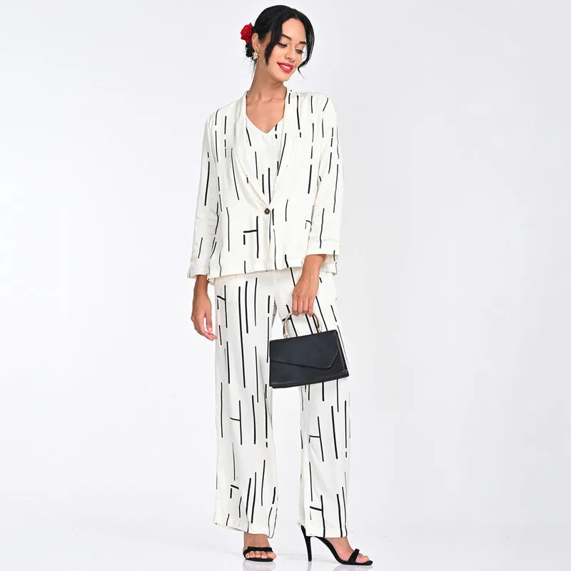 Modal Printed Co Ord Set For Women | Blazer, Top & Pant | Shawl Collar | Off White