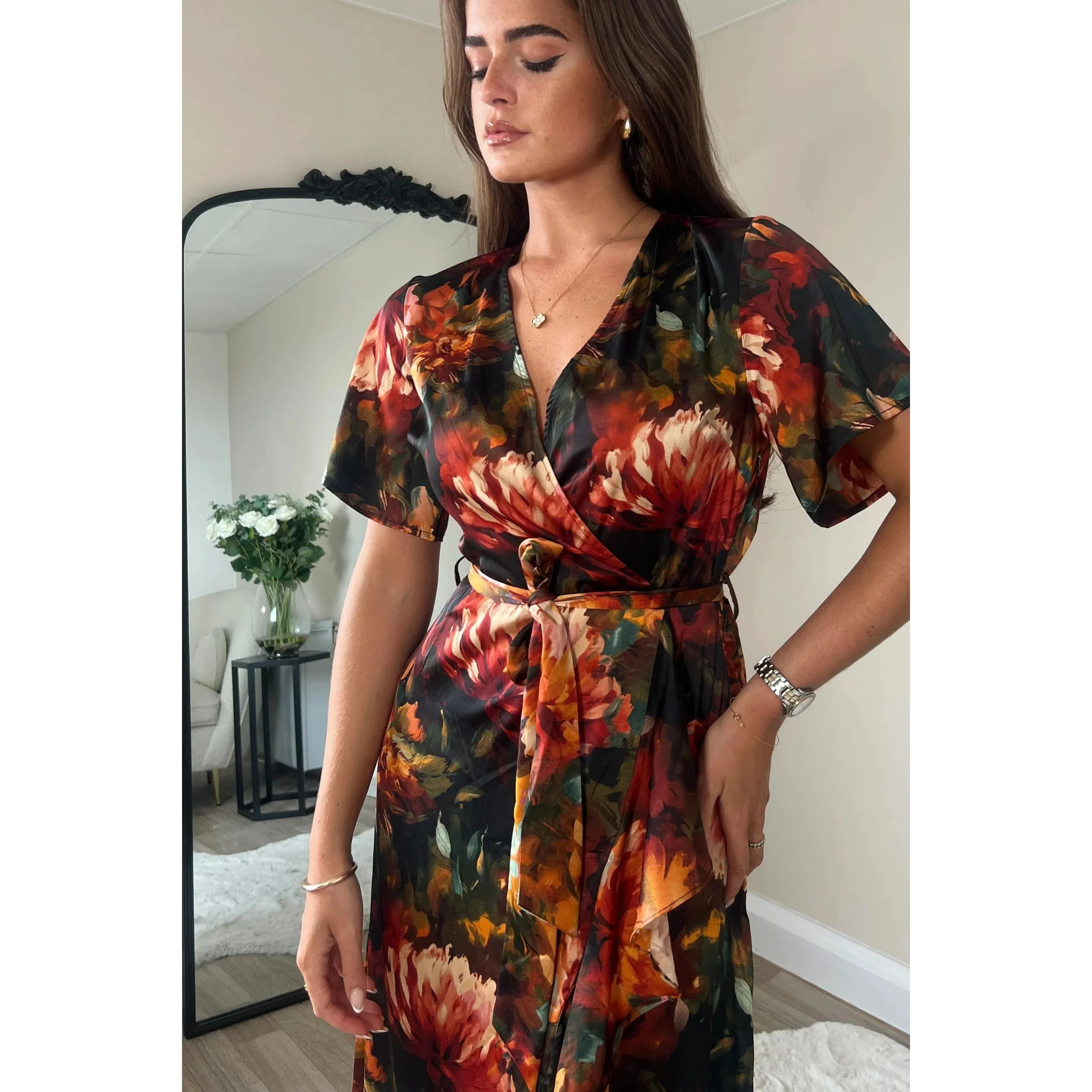 Multicoloured Long Autumn Black Orange Floral Tea Dress With Angel Sleeves & Split Frill Hem