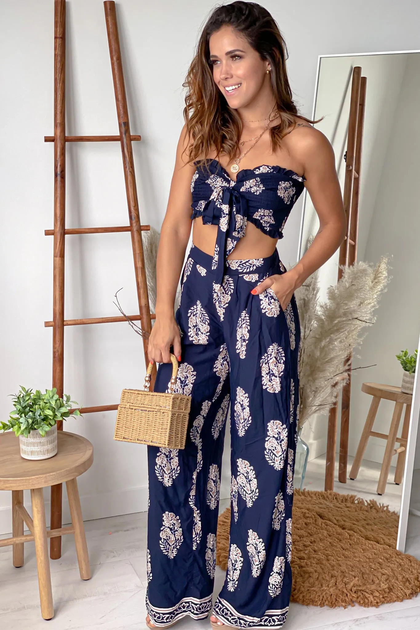 Navy Printed Top and Pants Set