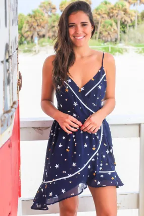 Navy Star Printed Wrap Dress