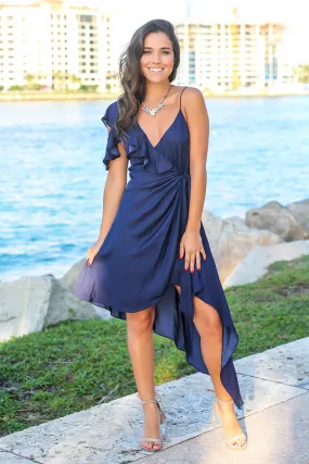 Navy Wrap Dress with Ruffles