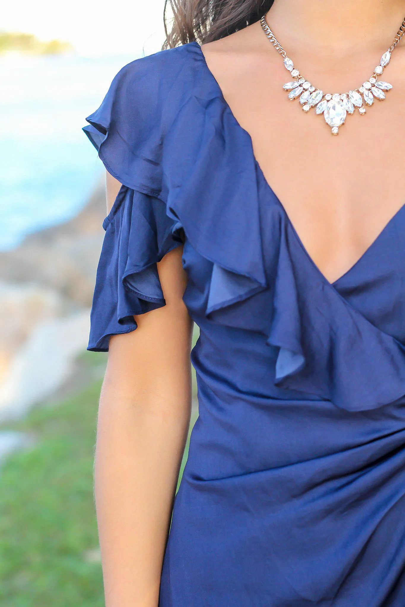 Navy Wrap Dress with Ruffles