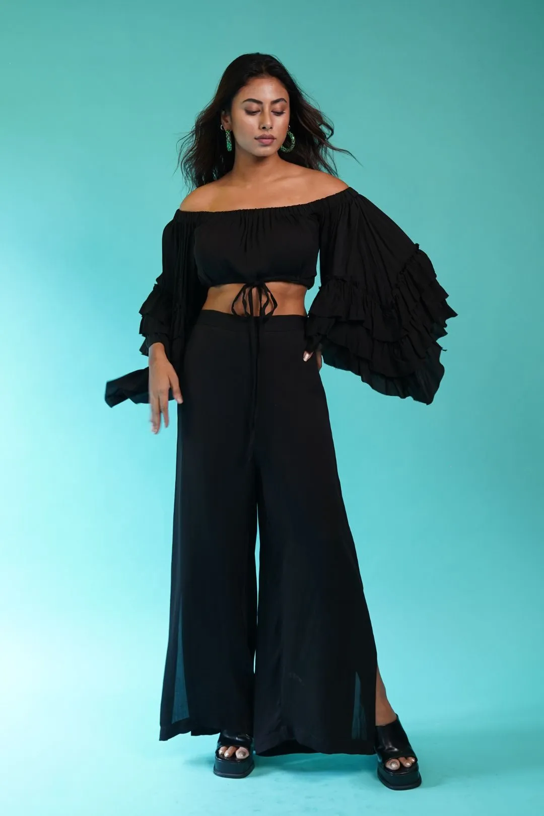 Off Shoulder Frill Top   Slit Pants