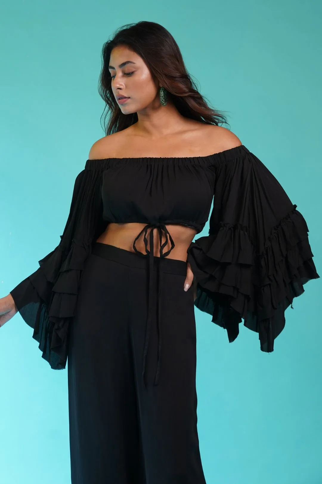 Off Shoulder Frill Top   Slit Pants