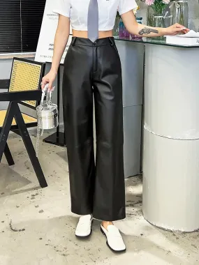 Office Lady Casual Real Sheepskin Wide Leg Genuine Leather Loose Fit Pants