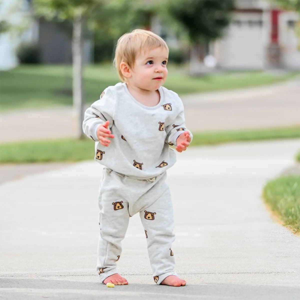 oh baby! Brooklyn Jogger Pants - Brown Bear Faces Print - Oatmeal Heather