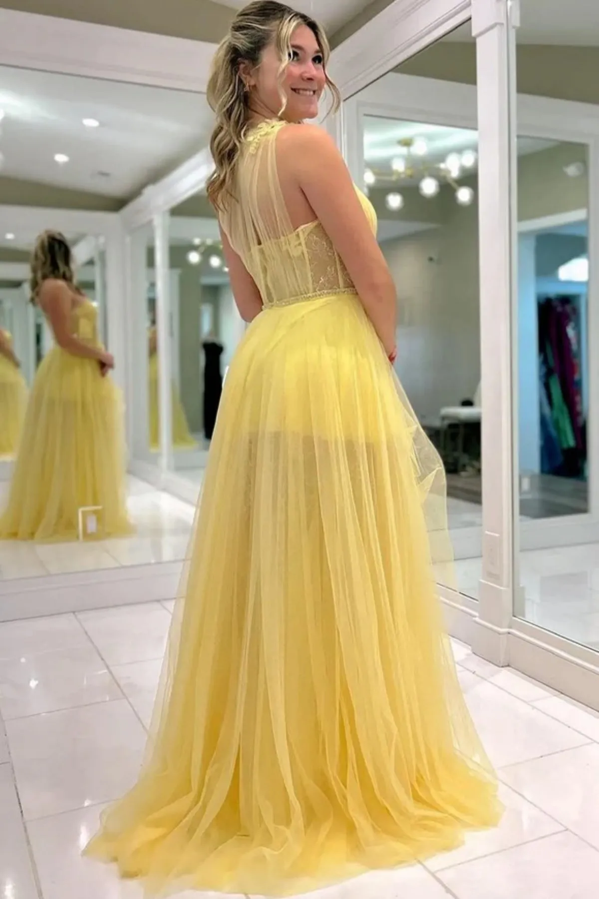 One Shoulder Yellow Tulle Long Prom Dress with Flowers, Long Yellow Formal Graduation Evening Dress A2214