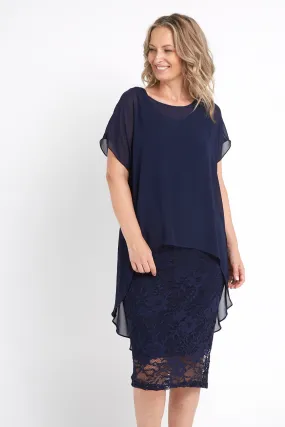 Ophelia Lace & Chiffon Dress - Navy