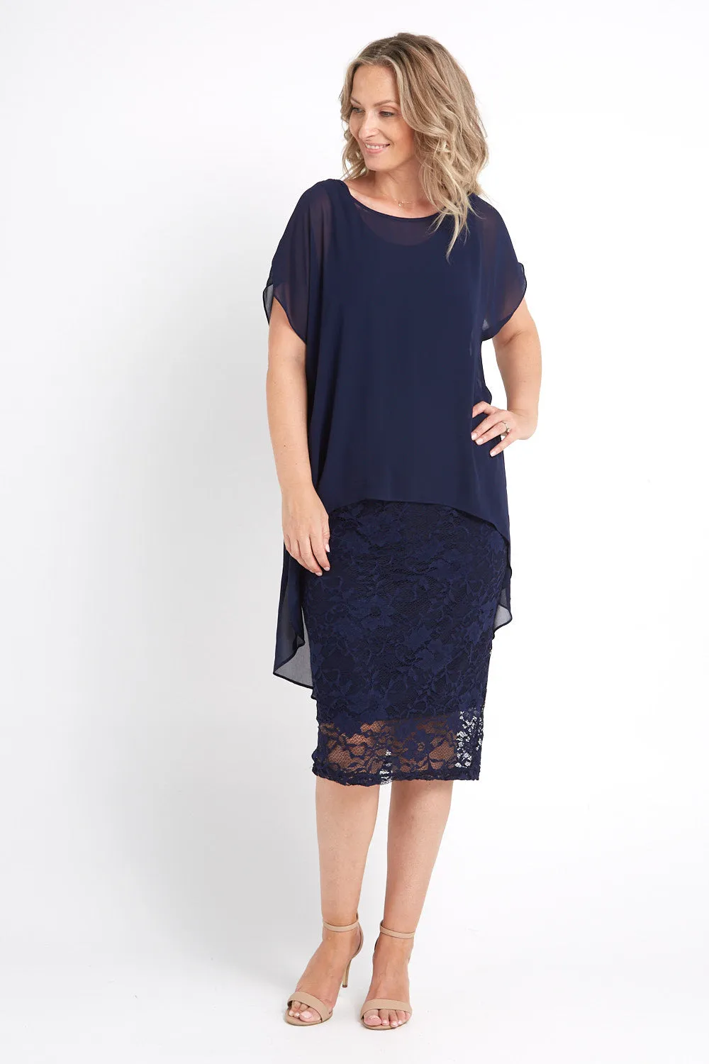 Ophelia Lace & Chiffon Dress - Navy