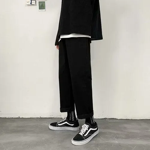 Pants Men Handsome Japanese Style Retro Chic Straight Solid Ins Simple All-match Spodnie Pockets Fashion Drawstring Baggy Casual