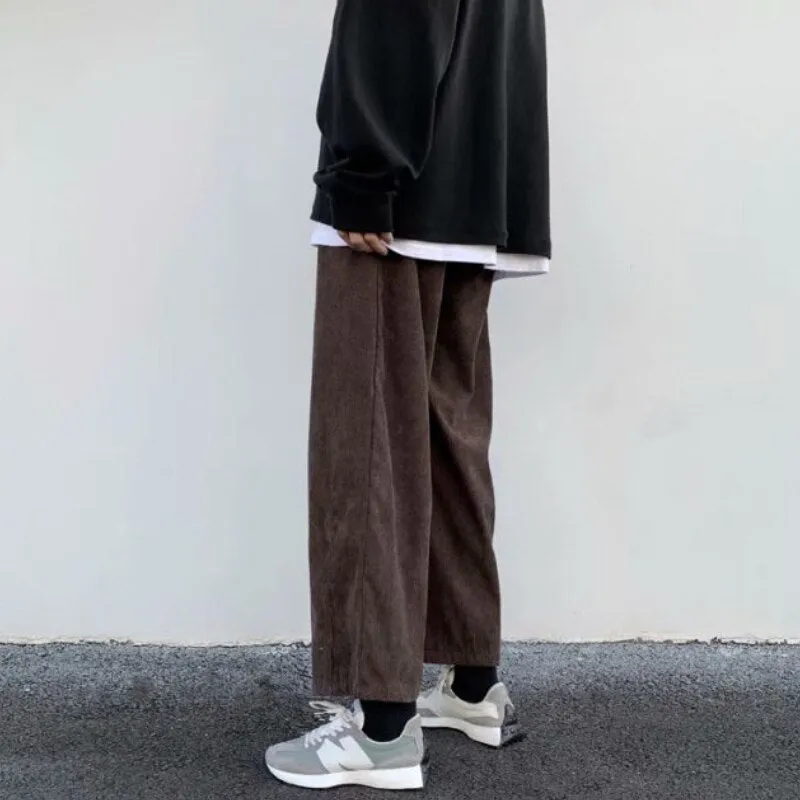 Pants Men Handsome Japanese Style Retro Chic Straight Solid Ins Simple All-match Spodnie Pockets Fashion Drawstring Baggy Casual