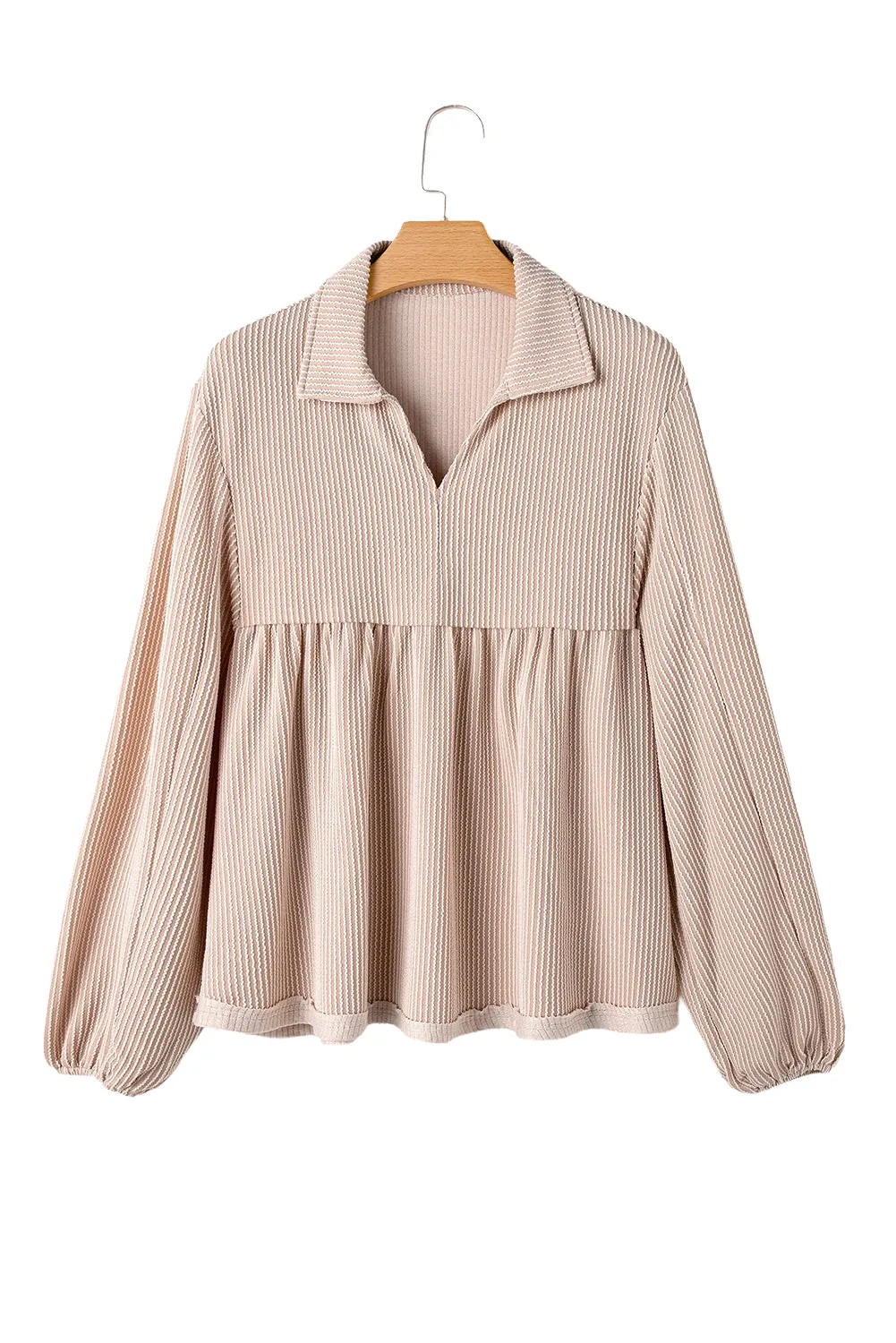 Parchment Corded Turn-down Collar Bubble Sleeve Babydoll Top