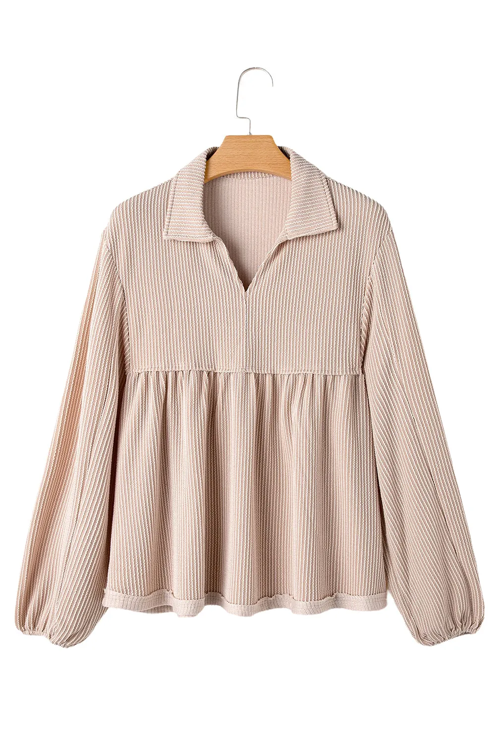 Parchment Corded Turn-down Collar Bubble Sleeve Babydoll Top