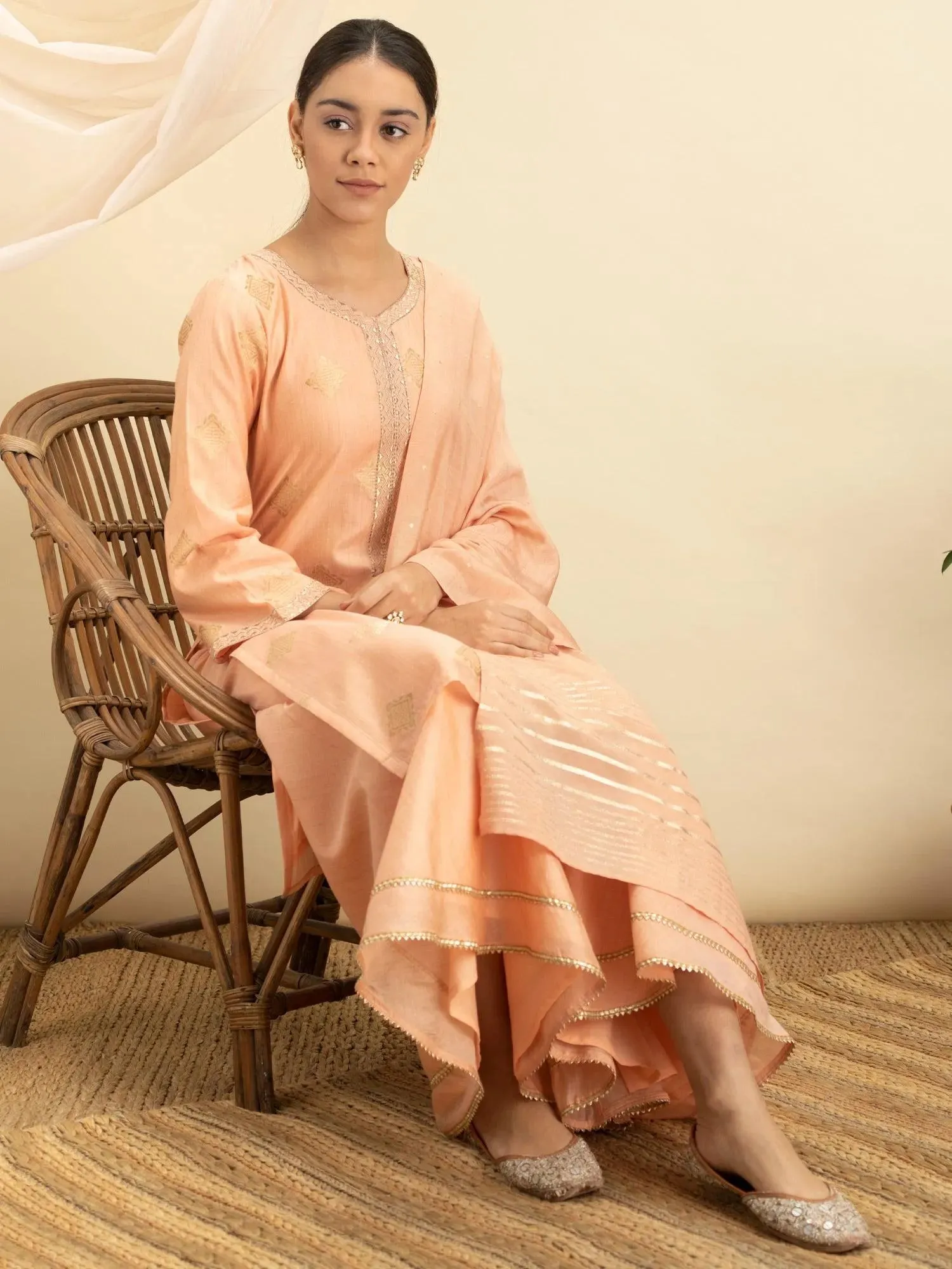 Peach Self Design Silk Straight Kurta With Palazzos & Dupatta