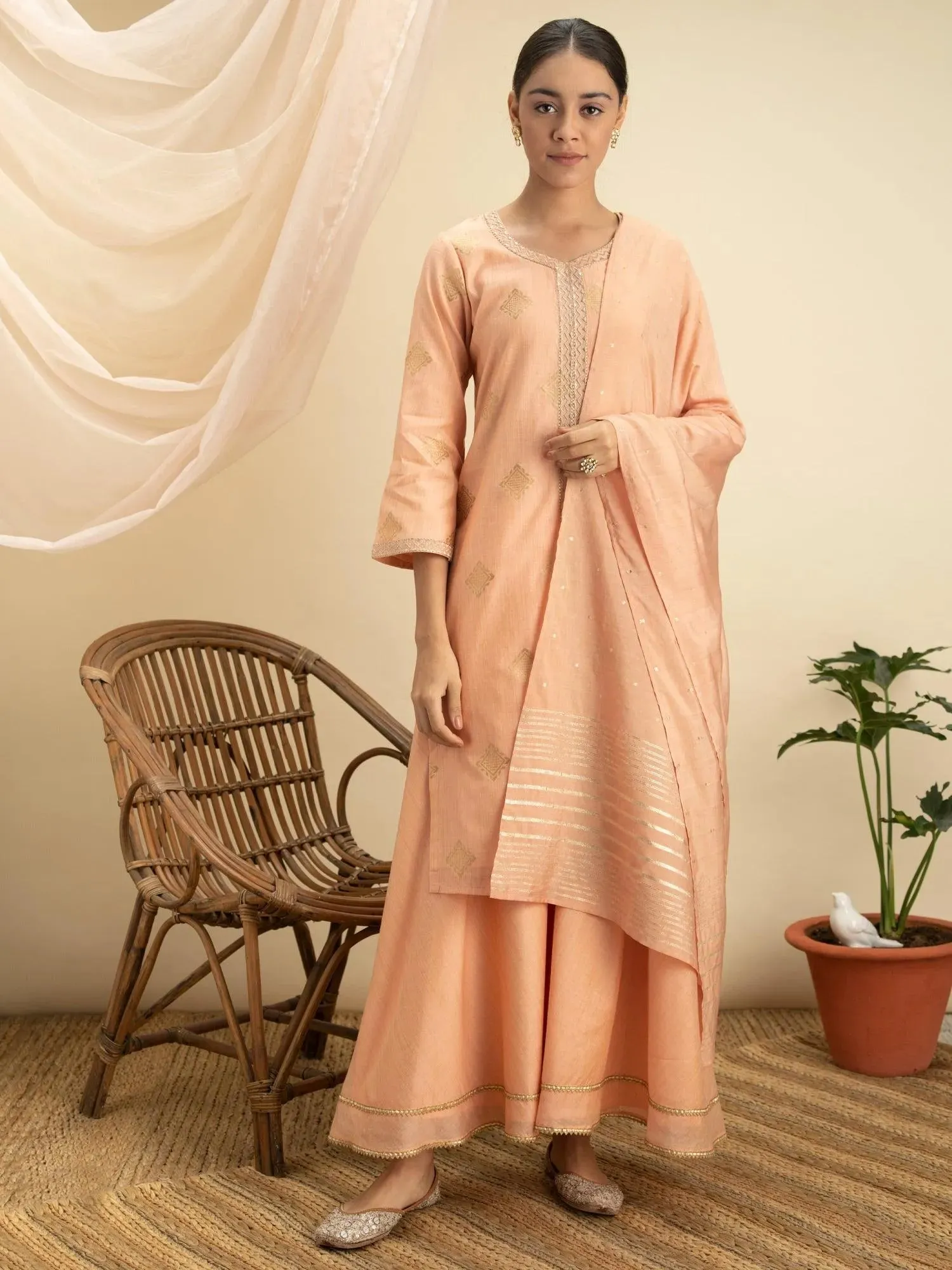 Peach Self Design Silk Straight Kurta With Palazzos & Dupatta