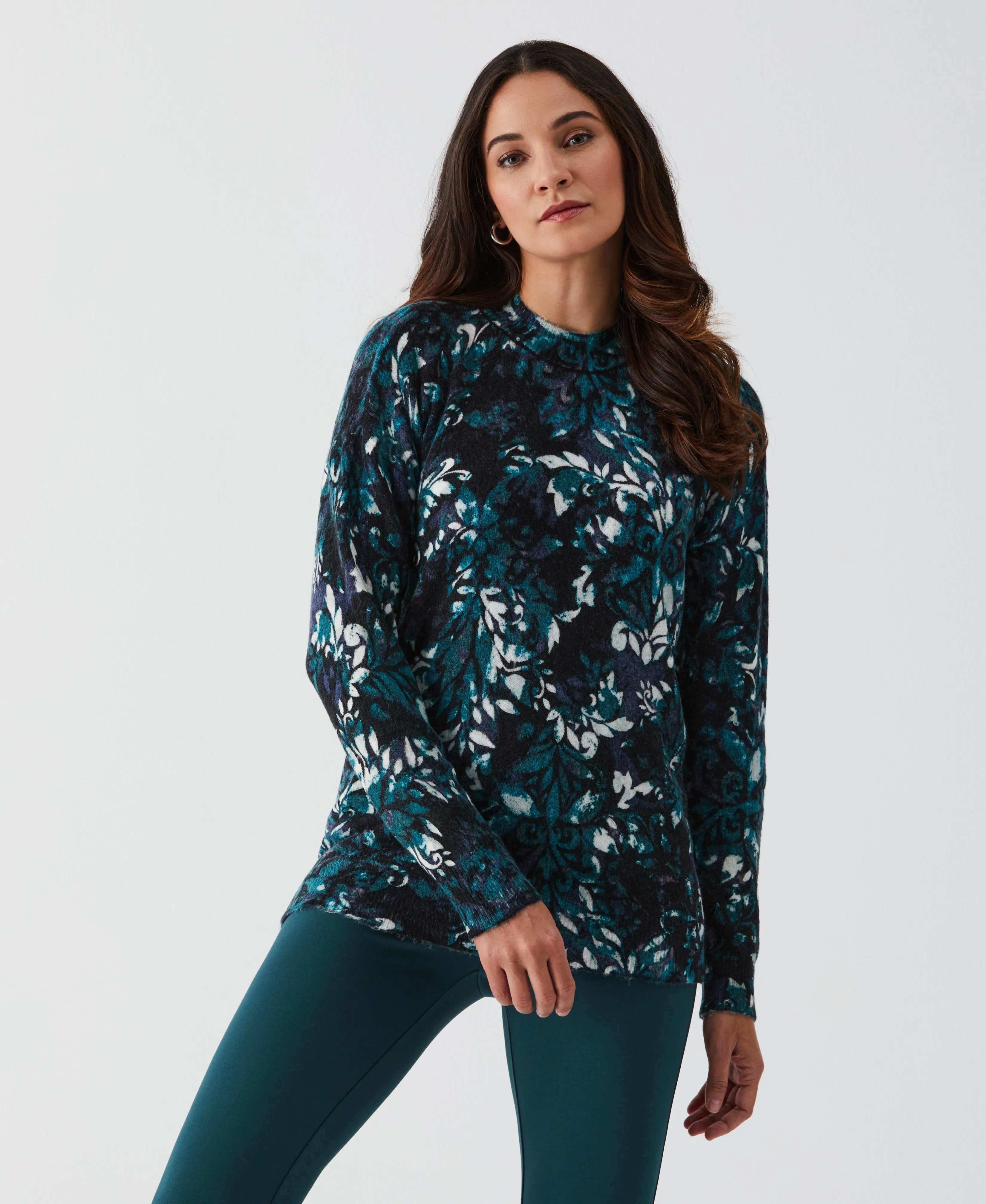 Petite Damask Print Mock Neck Pullover Sweater