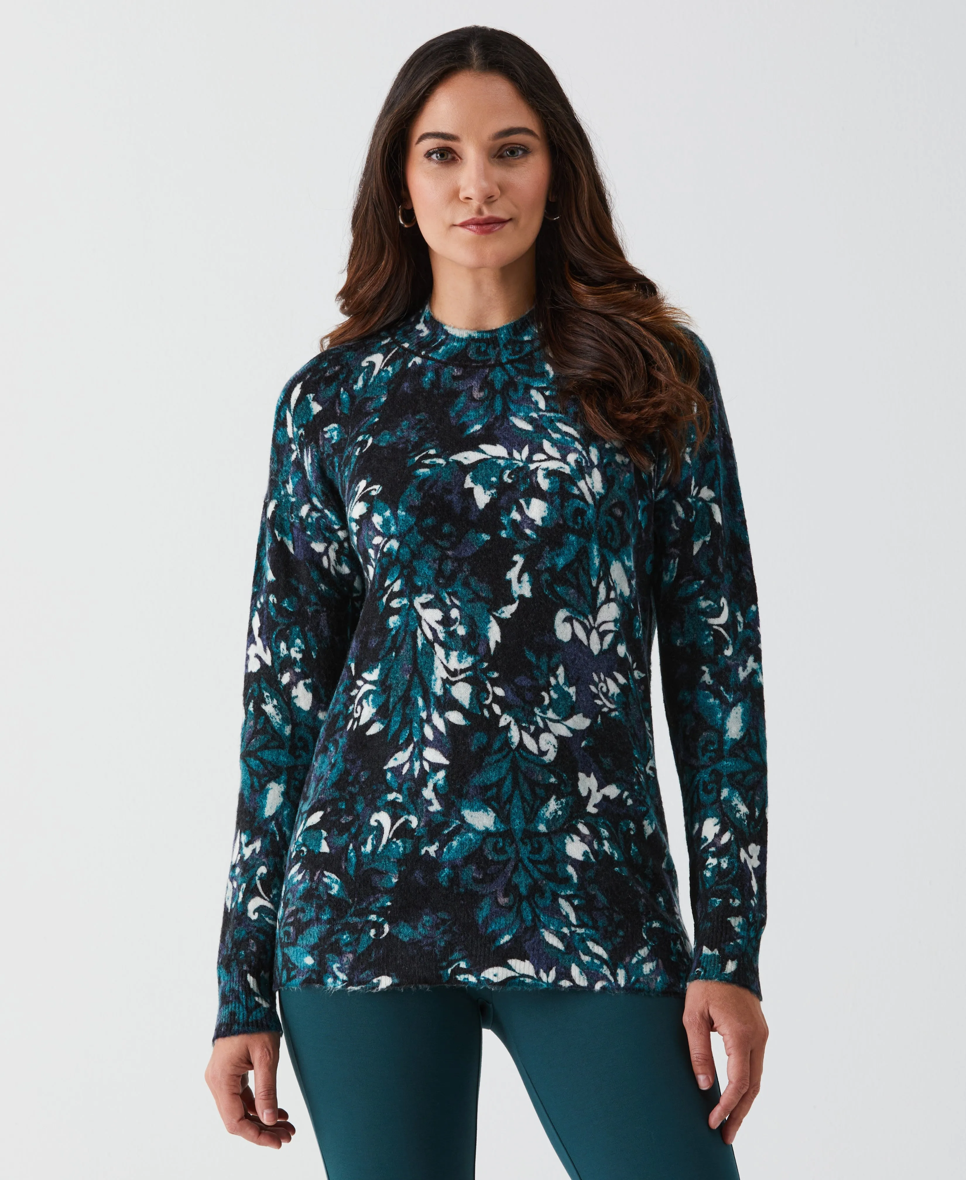 Petite Damask Print Mock Neck Pullover Sweater