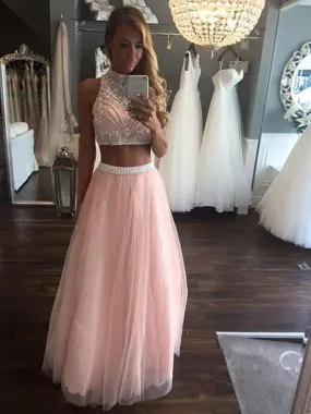 Pink A Line High Neck Two Pieces Beading Tulle Long Prom, Two Pieces Pink Formal, Evening