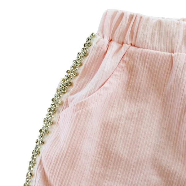 Pink Embellish Trim Wide Pants