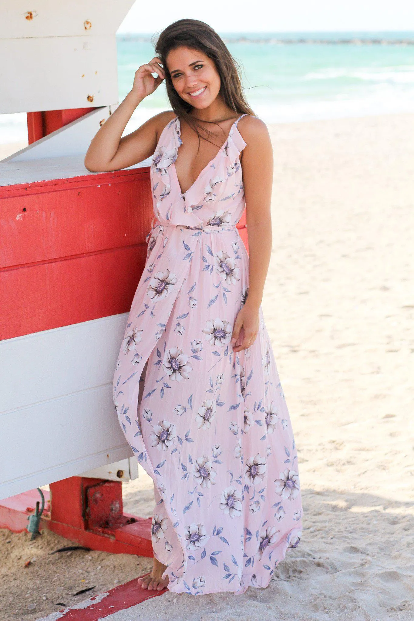 Pink Floral Wrap Maxi Dress with Criss Cross Back