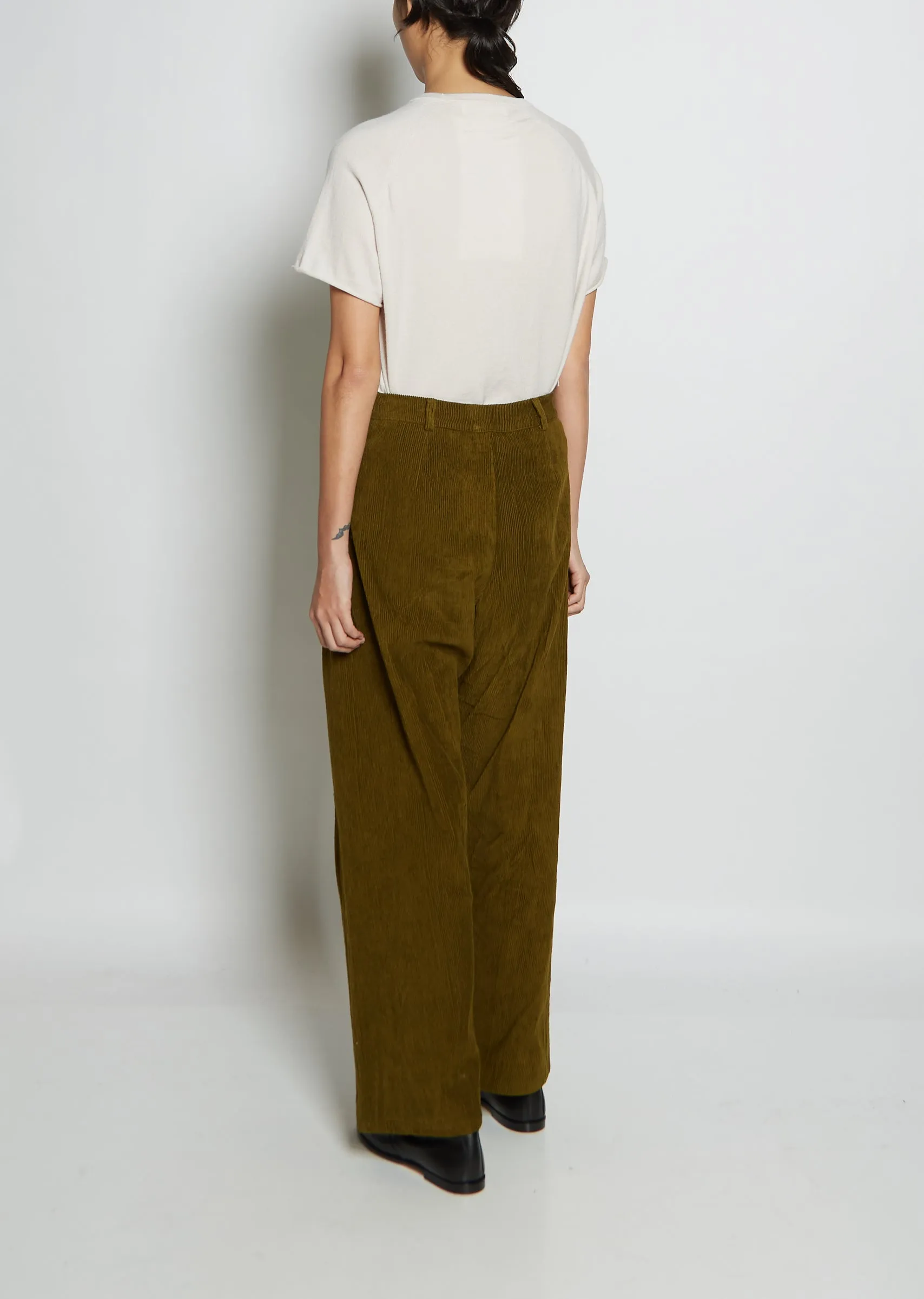 Pleat Front Cotton Corduroy Trousers — Military Green