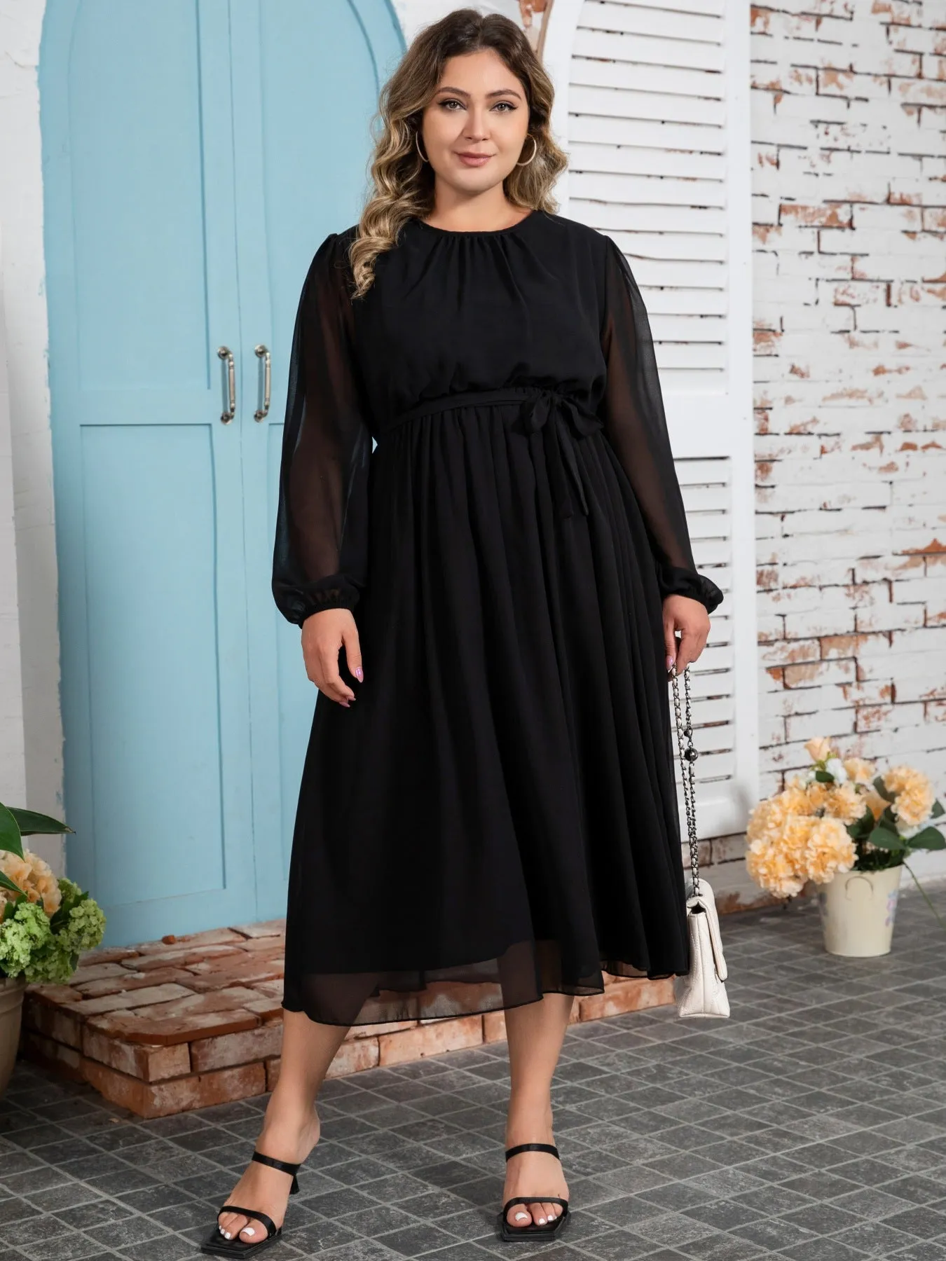 Plus Size Solid Color Chiffon Gathered Waist Fat Dress