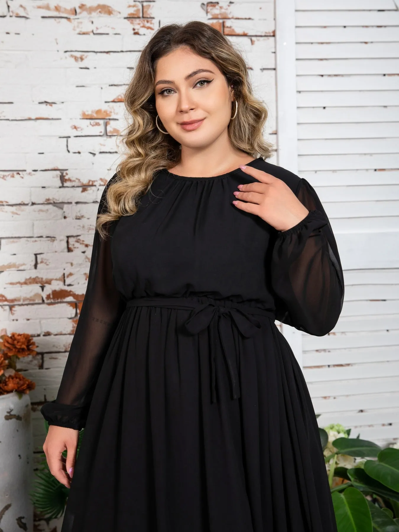 Plus Size Solid Color Chiffon Gathered Waist Fat Dress